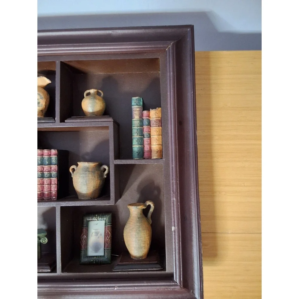 Vintage ‎ Wooden Open-Face Shadow Box Containing Books, Picture Frames And Jugs.